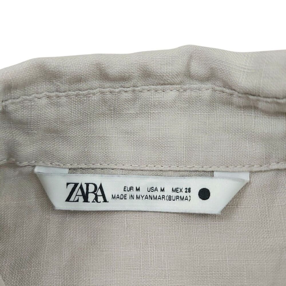 Zara Linen Shirt Womens Medium Beige Long Sleeve Button Up Boxy Coastal Boho - Picture 7 of 11
